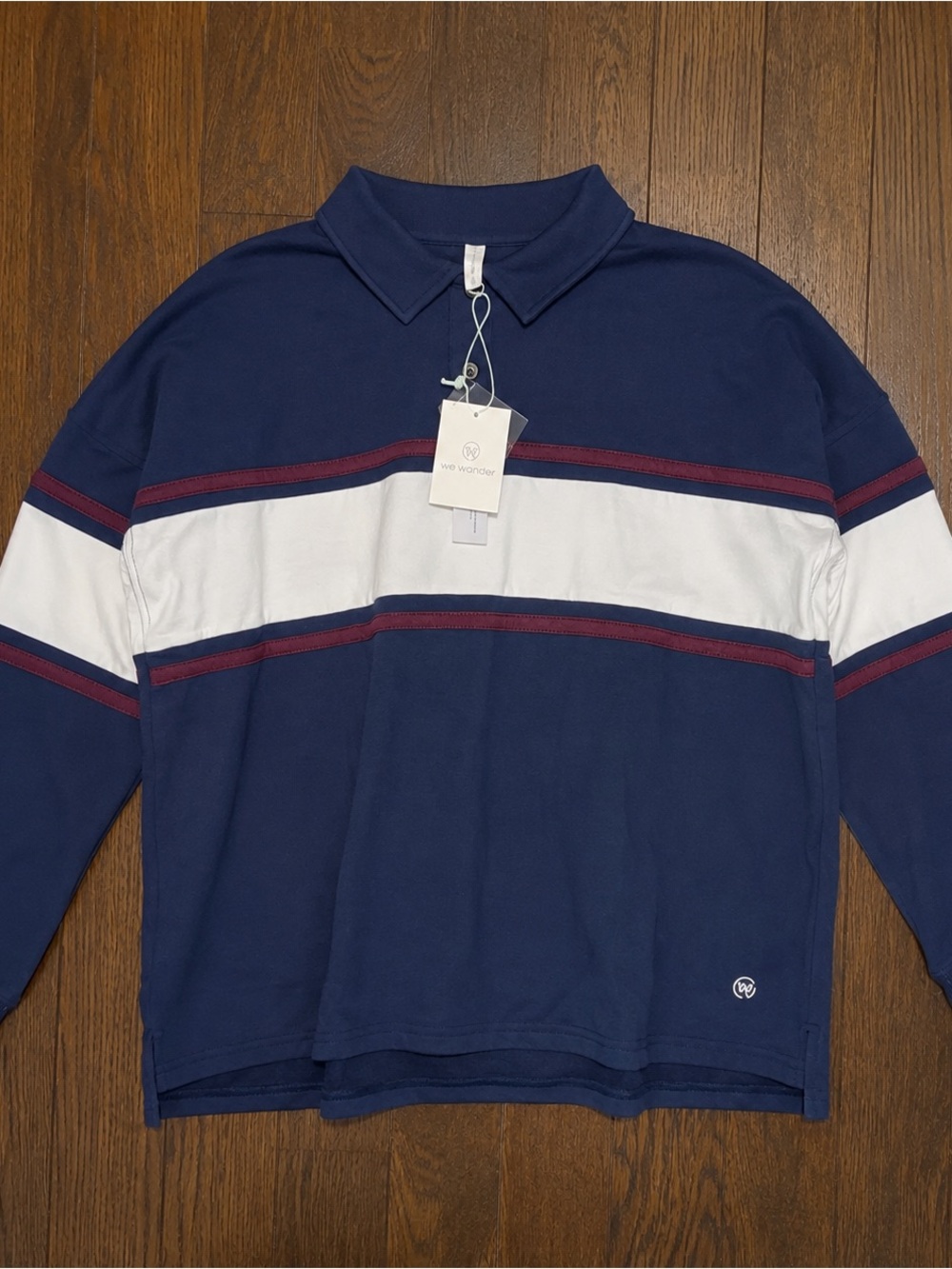 We Wander Navy Stripe Rugby Shirt with White & Burgundy Accents Sz 2X NWT